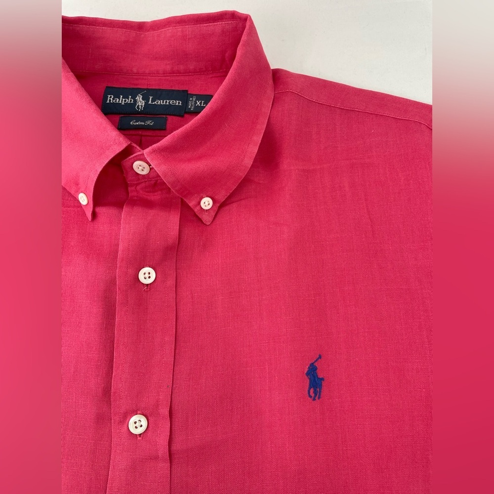 Ralph Lauren Custom Fit 100% Linen Pink Button Down Shirt XL Blue Pony - Picture 3 of 11